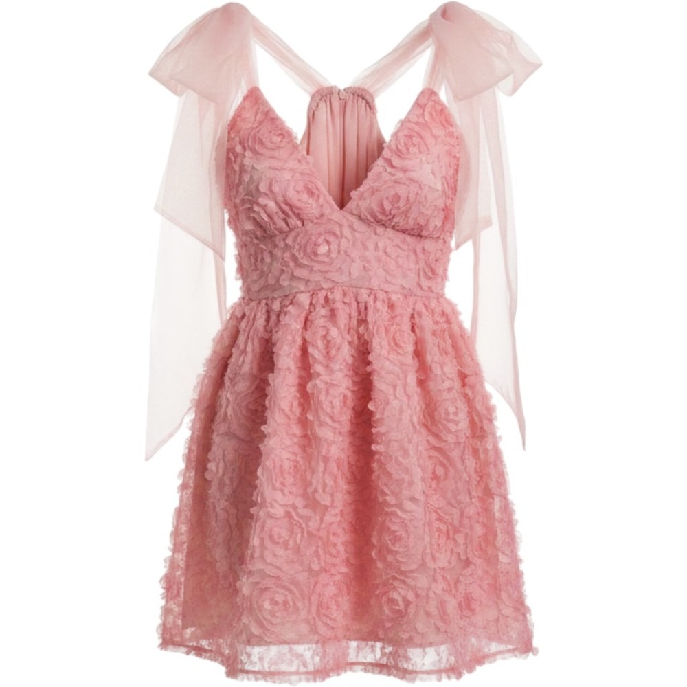 Idem Ditto Pink 3D Floral Applique Mini Dress Organza Bow Shoulder Babydoll S